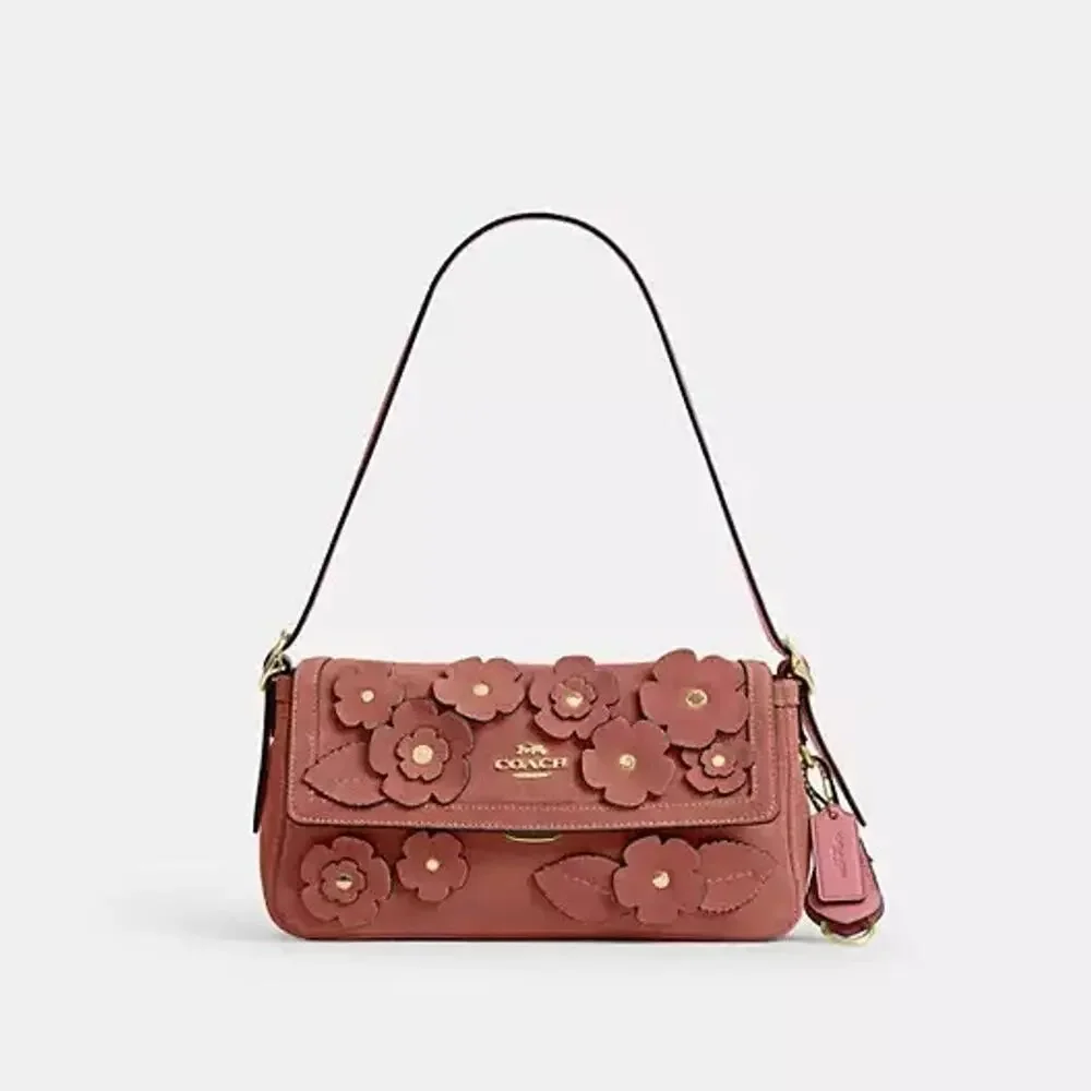 NEW‼️Coach Etta Small Flap Shoulder Bag With Floral Applique CEU02 Blush Pink